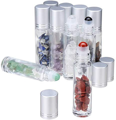 Lot de 10 flacons roulants en verre transparent de 10 ml pour huiles essentielles, pierres de cristal naturelles avec couvercle argenté, verre épais à rouler sur flacon, copeaux de cristal de guérison