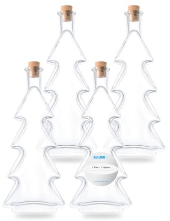 Flaschenbauer - 4 x leere Glasflaschen 200ml Tannenbaum: Mini Korken verwendbar als kleine zum Befüllen, Schnapsflaschen, Weihnachtsgeschirr, Inklusive Etikett