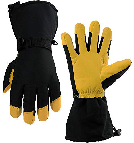 EUYIMOMO gartenhandschuhe,Winter Rindsleder Lange warme Skihandschuhe, kalte, wasserdichte und Winddichte Handschuhe - fünf Finger gelb XXL