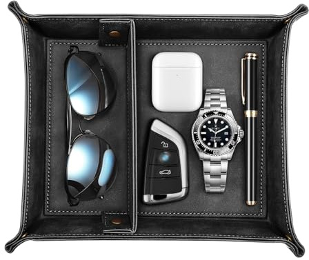 SITHON Bandeja de PU Cuero, Almacenamiento Organizador para Joyas con 2 Extraíble Compartimentos, Soporte Caja de Escritorio para mando a distancia, Relojes, Llaves, Monedas, Teléfonos (Negro)