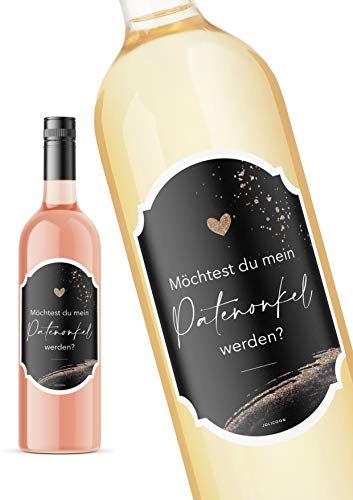 JoliCoon Flaschenetikett Patenonkel fragen, 8,5x12cm | Strukturiertes Perlmuttpapier, selbstklebend, zuverlässige Haftung, für Wein-, Sekt-, Prosecco- und Geschenkflaschen