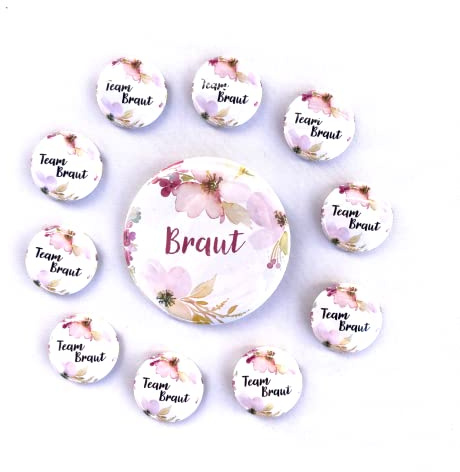 JGA-Button-Set FLORAL I 1x Braut (Ø56 mm)+ 10x Team Braut (Ø25mm) I Hochzeit JGA Party Anstecker