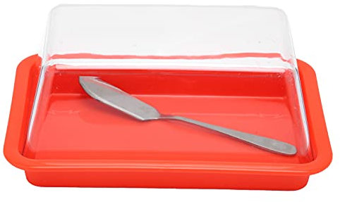 Goshyda Butter Dish with Lid, Plastic Butter Dishes with Clear Cover and Knife, Butter Cutter Cheese Container for Butter and Cheese(Square red)