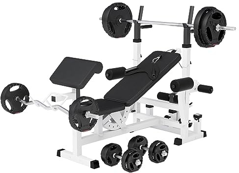 GORILLA SPORTS® Multifunktions-Hantelbank mit 100 kg Hantelset | Mit verstellbarer Hantelablage, Latzug, Dip-Station, Butterfly, Curlpult und Beincurler, bis 280 kg; Kraftstation