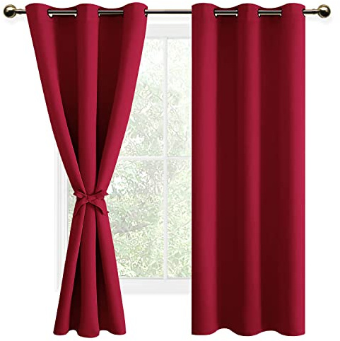 DWCN Gardiner ogenomskinliga mörkläggningsgardiner med öljetter gardiner vardagsrum med gardinband, julgardiner, termisk gardin, 2 stycken, röd, 160 x 106 cm (H x B):