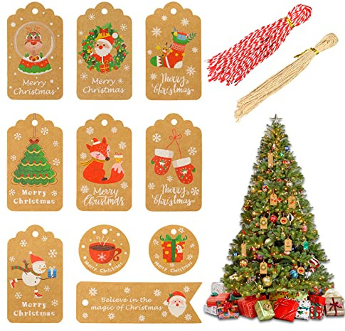 Etichetta Regalo Natale, Annhao 100 pezzi Etichette Nata Carta Kraft Paper Tag con Filo di Cotone e Filo di Spago per Fai da te Confezioni Regalo e Albero di Natale Decorazione