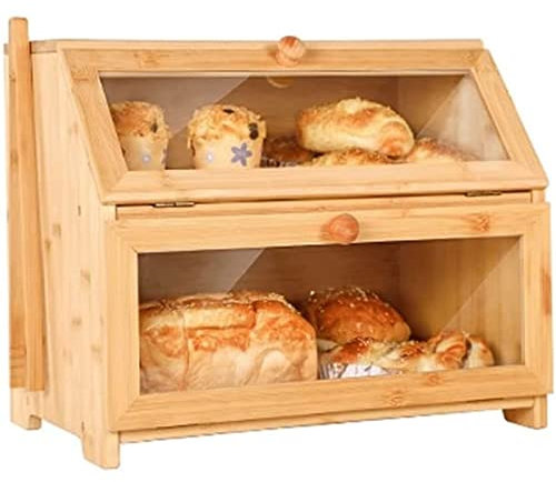 TIANYIA Panera Panera de Doble Capa, panera de Madera para encimera de Cocina, Soporte para Pan de Gran Capacidad con Ventanas de Vidrio Rústico