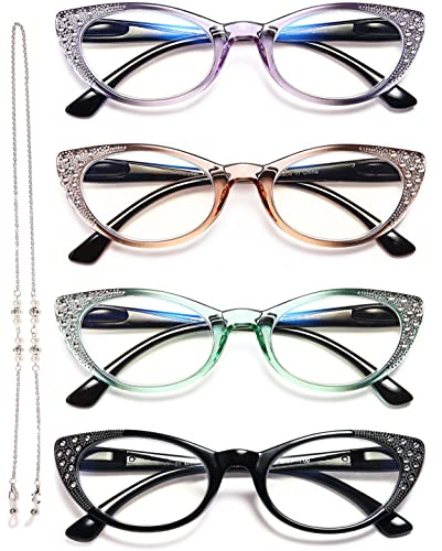 EYEURL Cat Eye Reading Glasses for Women - Blue Light Blocking 4 Pack Ladies Fashion Readers with Flexible Spring Hinges, Anti-Glare&UV Rays +1.50 Eyeglasses, Black/Brown/Green/Purple