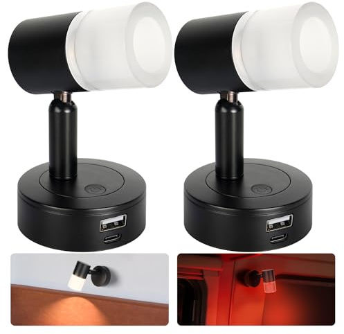 acegoo 12V Läslampa Husbil Dimmbar 3200K/Rött nattljus Inbyggd USB-A 18W och USB-C 20W-laddare, LED-vägglampa för husvagn, båt, husbil, DC 12-24V svart