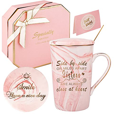 DONGSHANGIFT Schwestern Geschenke Becher Schwester Geburtstag für Schwester Kaffeebecher Set-Side by Side oder Miles Apart Sisters sind immer nah am Herzen-Geschenke Box Set 360ML Rosa