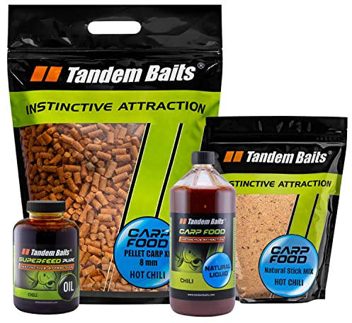 Tandem Baits Natural Carp Box Mix Hot Chili Karpfen Fische Köder-Set Pellet Natural XL Natural Stick Mix SuperFeed Öl Carp Food Natural Liquid Angeln Lockstoff Boilie-Öl Karpfenzubehör Angelfutter