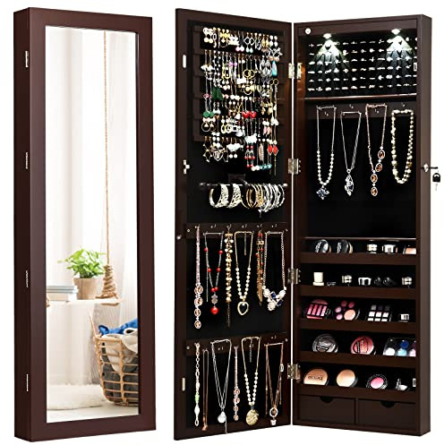 RELAX4LIFE Lockable Jewellery Cabinet, Wall/Door Mounted Mirrored Armoire with Adjustable Hanging Hook & Full-length Door, Powerful Cosmetics Makeup Organizer for Bedroom Dressing Room (Brown) | Adjustable Hanging Hook & Full-length Door, Powerful Cosmetics Makeup Organizer for Bedroom Dressing Room