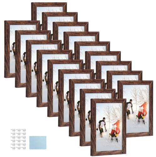 PHAREGE 4x6 Picture Frame Bulk Distressed Brown, Set of 18 MDF Wood Grain Frame for Display 4 by 6 Family Wedding Photos on Tabletop or Wall