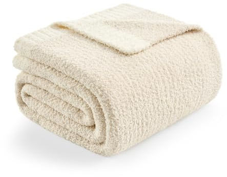 Snuggle Sac Buttery Ivory Throw Blanket for Couch, Reversible Super Soft Knitted Blankets, Warm Cozy Knit Fuzzy Plush Lightweight Throws Dupes for Sofa, Bed, Picnic, Ivory, 50 x 60 inches