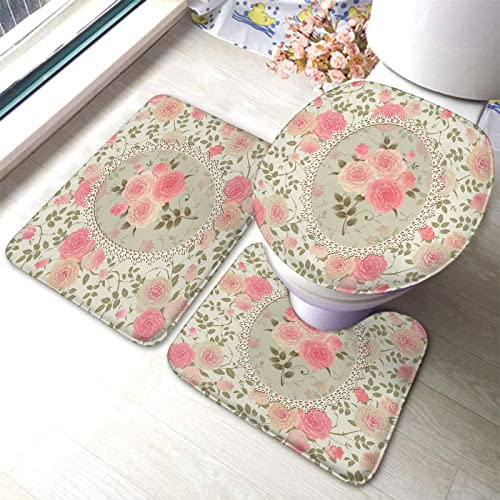 Set 3 Teilig Badvorleger Vintage Blumen Shabby Chic Rosen Spitzenrahmen, Rosa Blumensträuße Mit Grünen Blättern Badematte 3-TLG Langlebige 3-Teiliges Badteppich-Set, Für Wc-Sitz Bezug