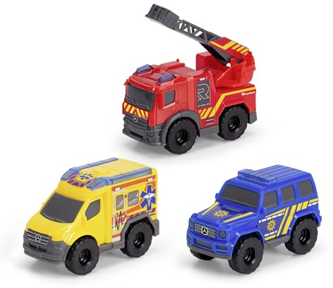 Dickie Toys Mercedes-Benz 203712029 Lot de 3 Voitures avec Roue Libre et pièces Mobiles, Camion de Pompiers, Voiture de Police et Ambulance, Jouet à partir de 3 Ans