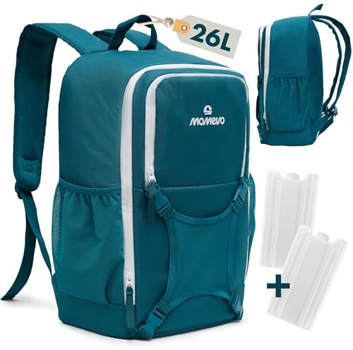 MOMEVO - Mochila nevera impermeable de 26 L con 2 paquetes de refrigeración - Enfría hasta 8 horas - Con una práctica división ideal para días de playa, picnic, senderismo, camping y compras diarias -