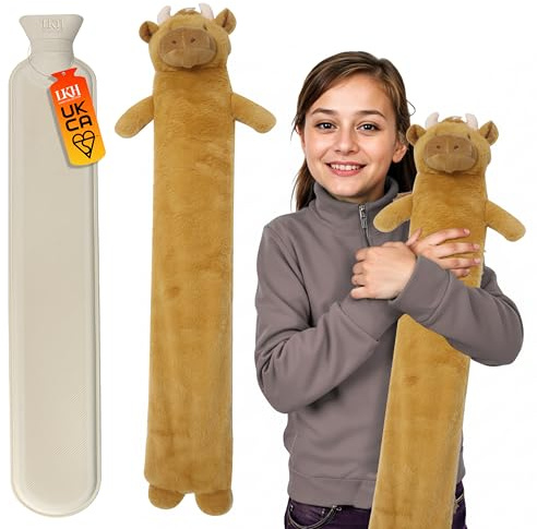 LKH Long Hot Water Bottle with Cover UK - 2L Long Natural Rubber Hot Water Bottle with Removable, Washable Sherpa Cover, Anti-Leak Stopper & Double Ribbed | Perfect for Staying Warm for Hours