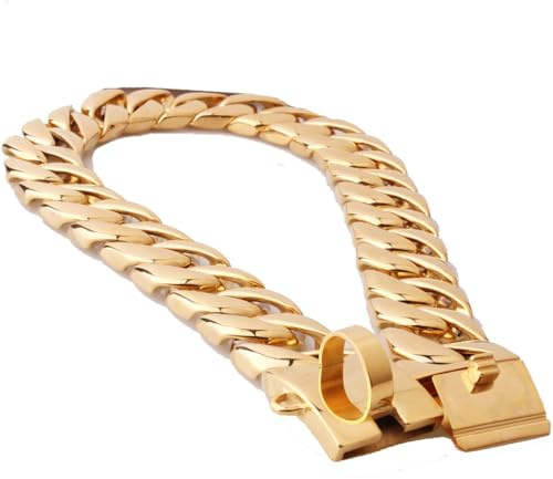Goldfarbenes Hundehalsband, Metall mit Sicherer Schnalle,Ketten Halsband Hund, Kubanische Gliederkette, Stark, Robust, Kaufest, Walking-Training Große Hunde(Gold,70cm)