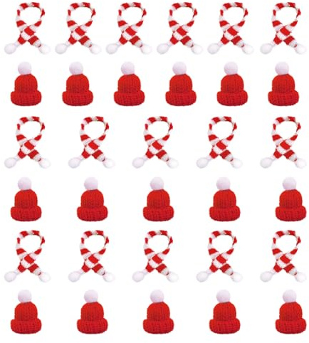 SKHAOVS 32-teiliges rotes Mini-Weihnachtsmützen- und Schal-Set, Mini-Weihnachtsmannmütze, Mini-Schal für Tischdekoration, Schneemann-Dekoration, DIY, Handwerk, Mini-Puppenzubehör, Party,