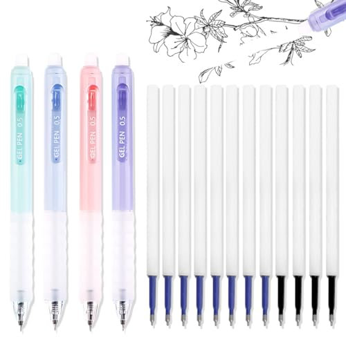 AUEFUDQ 4 Stück Radierbarer Kugelschreiber + 12 Stück Radierbare Ersatzmine, Radierbare Stifte Erasable Pens, Gelstifte Radierbar für Studenten Geschenk, Schulsachen Schul Bürobedarf (0,5 mm)