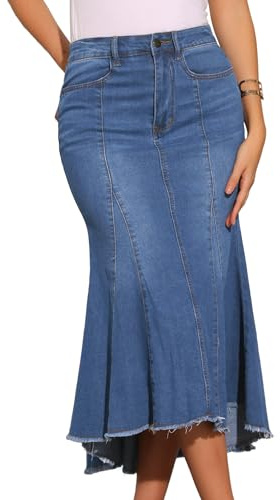 Allegra K Donna Gonna Denim a Vita Alta Midi a Coda di Pesce Lavata | Orlo Grezzo Asimmetrico Dettaglio Cuciture con Tasche Abbigliamento Casual Western Stretch