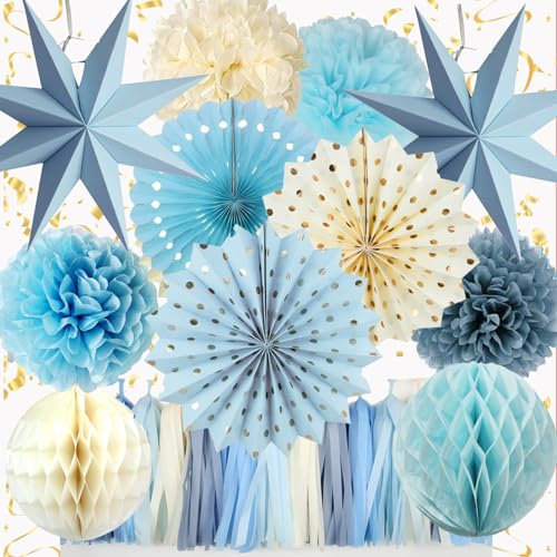 Lot de 15 décorations de fête bleues poussiéreuses et beiges pour femmes, hommes, filles et garçons, toile de fond à suspendre pour fiançailles, mariage bohème, fête prénatale, fête prénuptiale, fête