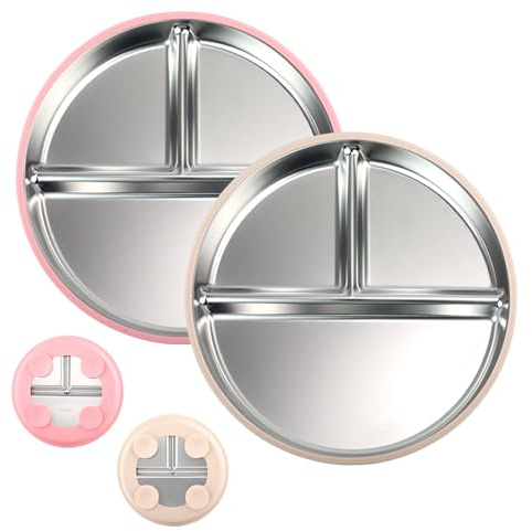 Cosmeria 2 pièces Assiette pour Enfant avec Ventouse, Assiette bébé en Acier Inoxydable avec Compartiments, sans BPA pour bébés et Jeunes Enfants, Passe au Lave-Vaisselle (Jaune+Rose)