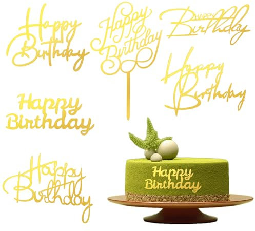 6 piezas Happy Birthday Cake Topper decoración para tarta de cumpleaños, decoración de cumpleaños, decoración de cumpleaños, decoración de tartas dorada, espejo acrílico, para fiesta de cumpleaños