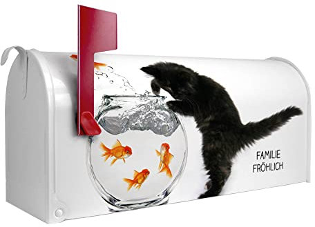 banjado® Amerikanischer Briefkasten - US Mailbox/Letterbox mit Motiv Katze Und Fisch 51x22x17cm - Postkasten Stahl aus Amerika – Briefkasten amerikanisch weiß pulverbeschichtet