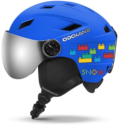 Odoland Kids Ski Helmet with 2-in-1 Visor Goggles for Boys & Girls, Adjustable Snowboard Helmet with Magnetic Buckle Strap for Children Ages 5-12 Skiing & Snowboarding, Matte Blue, S