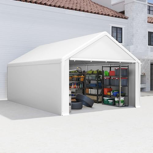 Aufun Carport, tenda da garage impermeabile, 4 x 6 m, con tetto in polietilene, resistente agli strappi, con pareti laterali rimovibili, resistente ai raggi UV, per auto, SUV, camion, barca, bianco
