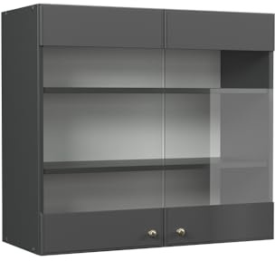 Vicco Küchenglasschrank Fame-Line, Anthrazit-Gold Landhaus, 80 cm | MDF-Front · Soft-Close · Tiefe – 34,1 cm · Metallgriffe · ✓ Alles im Blick