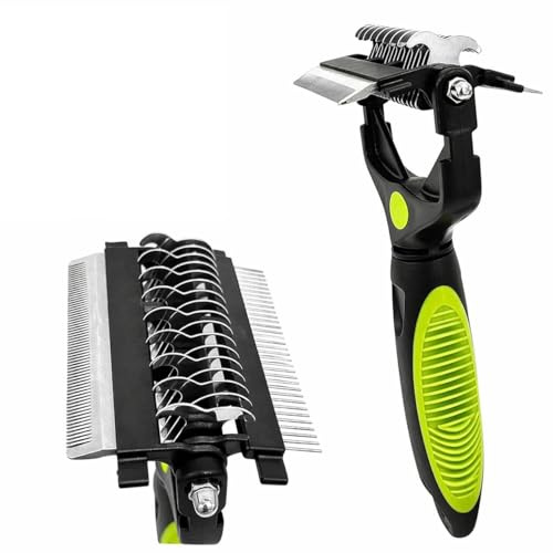 3-in-1 Deshedding, Dematting & Detangling Pet Tool, Cat Brush Dog Brush for Grooming for Short, Long, Medium Haired Pets - Removes Knots, Loose Fur, Mats,Undercoat Rake Dog Cat (Green)