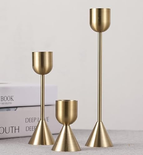Alcohu 3er Set Kerzenständer Aus Massivem Messing – Vintage Stabkerzenhalter für Esstisch, Kamin & Wohnzimmer, Edle Tischdekoration für Hochzeit, Dinner, Passend für Standard-Stabkerzen (Ø 2,2 cm)