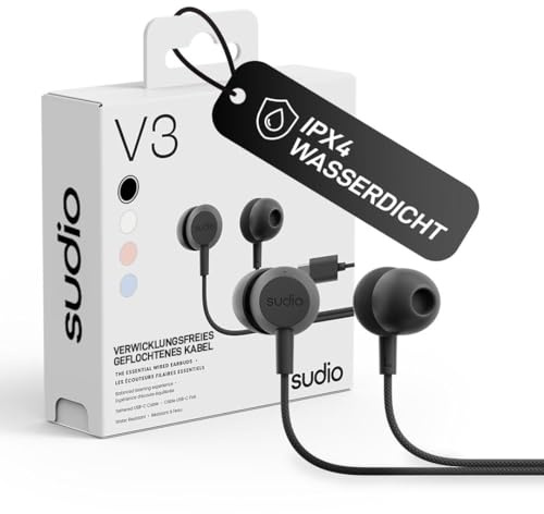 sudio V3 Essential Wired Kopfhörer mit Kabel | In Ear Kopfhörer mit USB-C Anschluss | Geflochtenes, Kabelbruch-sicheres Design | Integriertes Mikrofon | IPX4 Wasserresistent | Schwarz