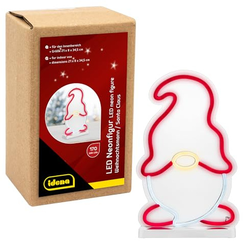 Idena 31895 - Figura al neon LED Babbo Natale, circa 21 x 8 x 34,5 cm, insegna al neon con 170 LED SMD, decorazione natalizia per interni, con alimentatore e cavo di alimentazione da 3 m