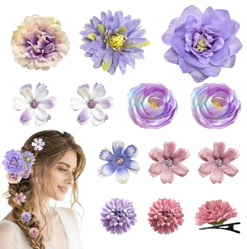 12PCS Barrette Fleur Artificielle Bohême, Pince à Cheveux pour Cheveux Épais et Fins, Épingles à Cheveux Fleuries pour Femmes et Filles pour Mariage (Bleu-violet)