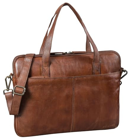 STILORD Leonel Schmale Laptoptasche 15.6 Zoll Leder Braun Aktentasche Herren Notebooktasche Echtleder Laptop Sleeve Dünne Business Umhängetasche mit Schultergurt & Griff