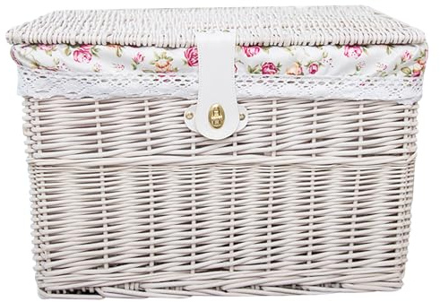 Vistnale Caja de Almacenamiento | Baúl de Almacenamiento de Mimbre con Tapa Baúl de Mimbre Blanco de 12 x 8 x 8 Pulgadas con Forro Floral Natural con Cerradura para Juguetes, Mantas y Ropa
