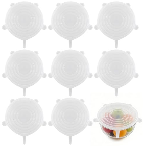 8pcs White Silicone Stretch Lids Food Covers, 9.5cm, Reusable Silicone Lids with Lock Tight Seal for Yogurt Pots & Tins, Microwave/Dishwasher Safe Universal Can Covers for Kitchen, Office, Travel