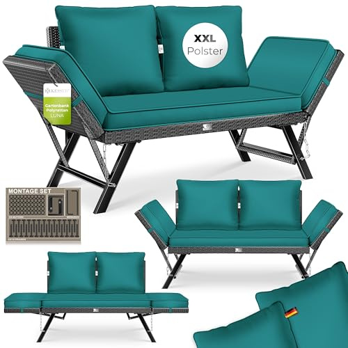 KESSER® Gartenbank Polyrattan Luna mit Liegefunktion Gartensofa 4 in 1 Verstellfunktion Gartencouch Wetterfest Balkonsofa Verstellbare Armlehnen, Extra Dicke & Weiche Polsterung Garten/Balkon/Terrasse