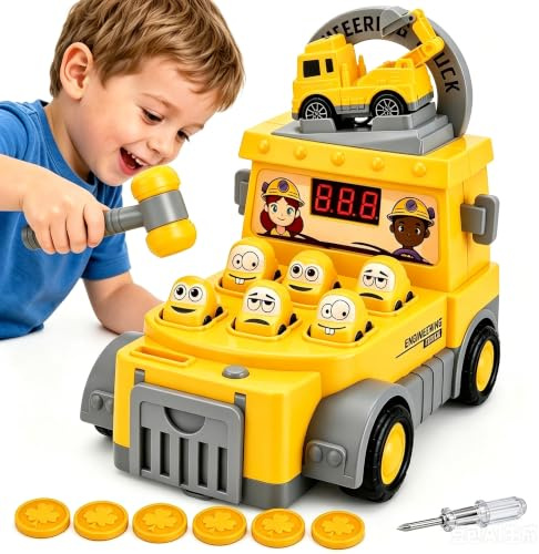 Jeu de Tape Taupe pour Enfants dès 3 Ans, Jeu Éducatif avec Marteau, Jouet Musical Interactif avec Écran LCD & Mode Pièces, Inclus 6 Pièces et une Voiture Surprise pour la Coordination Œil Main
