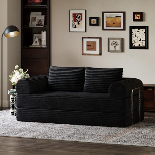 Novilla Schlafsofa 200cm Breit, Cord Sofa Bed mit Schlaffunktion 2 Sitzer | Boneless Couch mit Smarts Coil®-Stützung und Hochdichtem Schaumstoff für Wohnzimmer, Apartment, Schlafzimmer, Dunkelschwarz