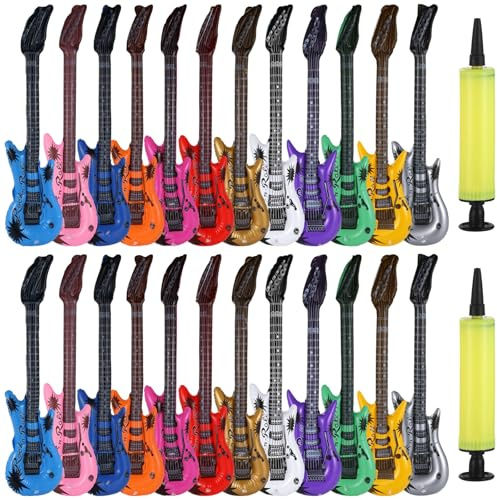 24er Set aufblasbare Rockgitarren für Partys, 12 kräftige Farben, große Luftgitarren im 80er- und 90er-Stil für Geburtstage, Karneval, Fotobox-Requisiten und Rockstar-Deko