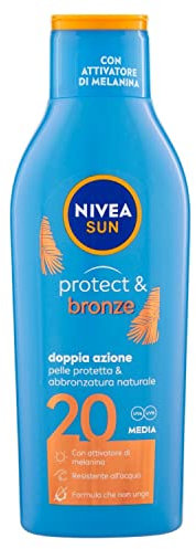 NIVEA SUN Latte Solare Protect & Bronze FP 20 200 ml, Crema solare 20 per un'abbronzatura dorata, intensa e uniforme, Protezione solare 20 con attivatore di melanina