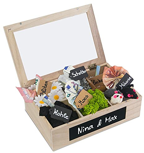 SURPRISA Schotter Schatulle 6er - kreative Verpackung für Geldgeschenke und persönliche Geschenkbox zum Geburtstag oder zur Hochzeit - Paulownienholz