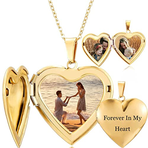 RWQIAN Collana di Foto Personalizzata per le Donne Ragazze Coppia in Acciaio Inossidabile Cuore Oro Locket Portafoto Pendente Incisione Testo Collane Gioielli