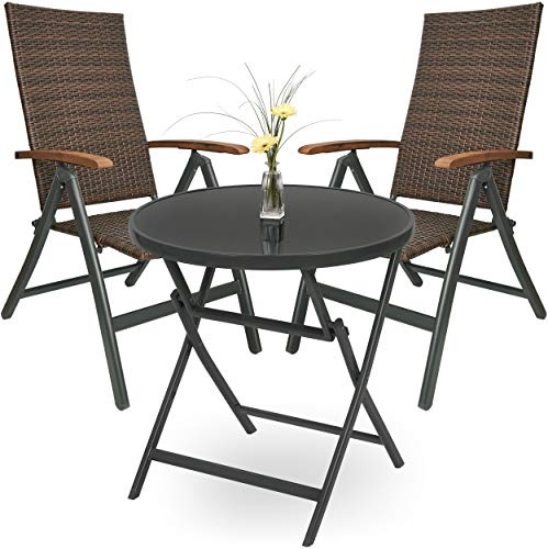 BRUBAKER Garten Sitzgruppe Modena - Braun/Anthrazit | 1 Glastisch Klapptisch rund 70 cm Ø mit 2 Polyrattan Stühlen - Wetterfest