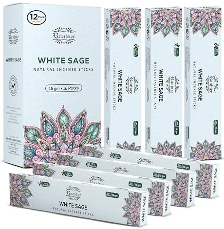 Raajsee Räucherstäbchen Weißer Salbei (180 gm), 100 % rein, organisch, natürlich, handgerollt, frei von Chemikalien, perfekt für Aromatherapie, Reinigung, Meditation und Kirche, 12 Stück